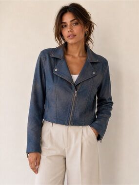 Sandwich_ Distressed Blue Faux Suede Moto Jacket Cropped Biker Jacket EU 36
